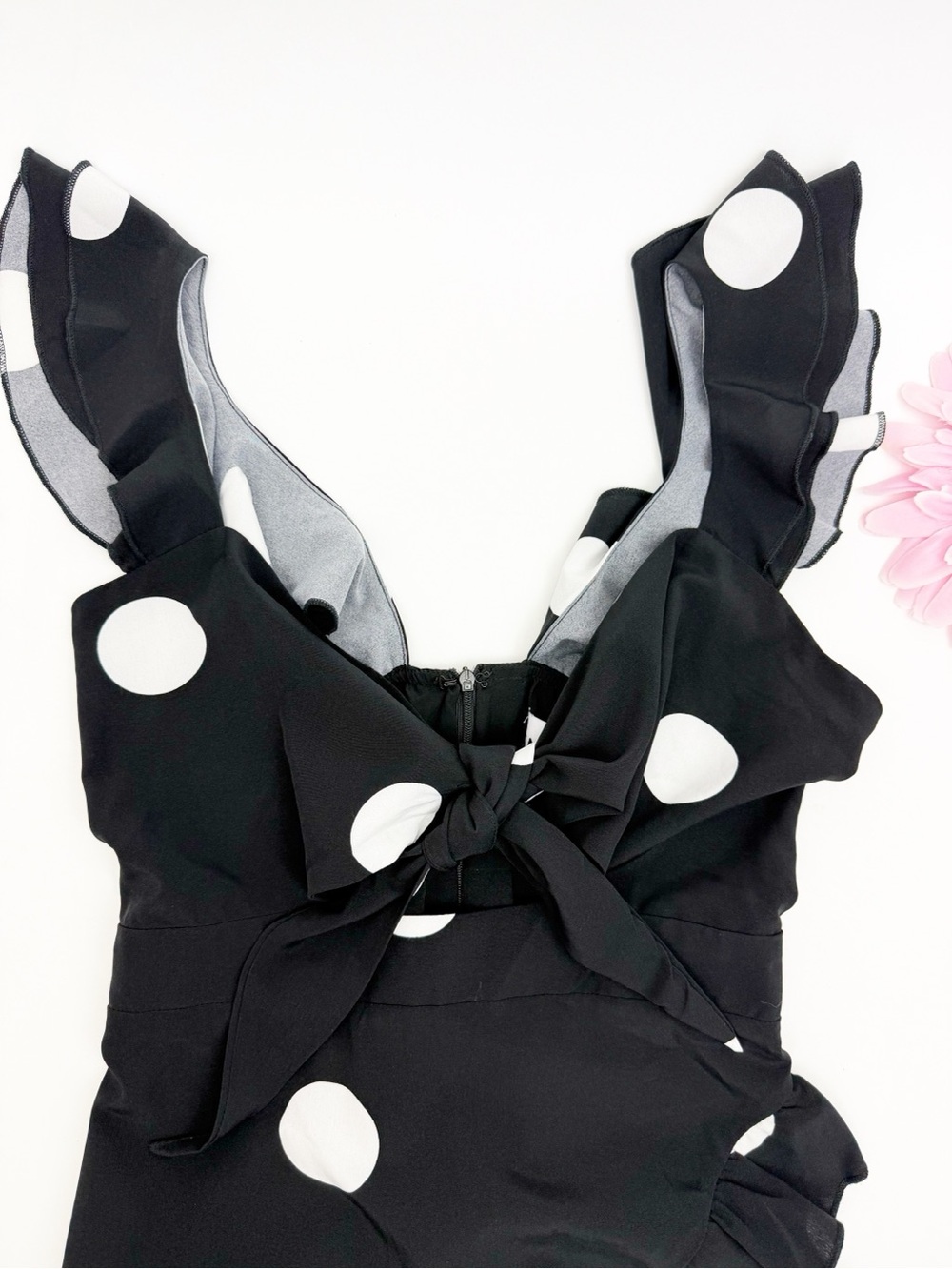 SNDYS. Morocco Mini Dress Black White Polka Dot Front Tie Cutout - Picture 6 of 16